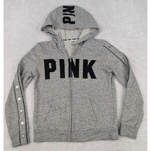 Victoria's Secret PINK Hoodie Womens S Snap Button Sleeve Full Zip Gray *Read